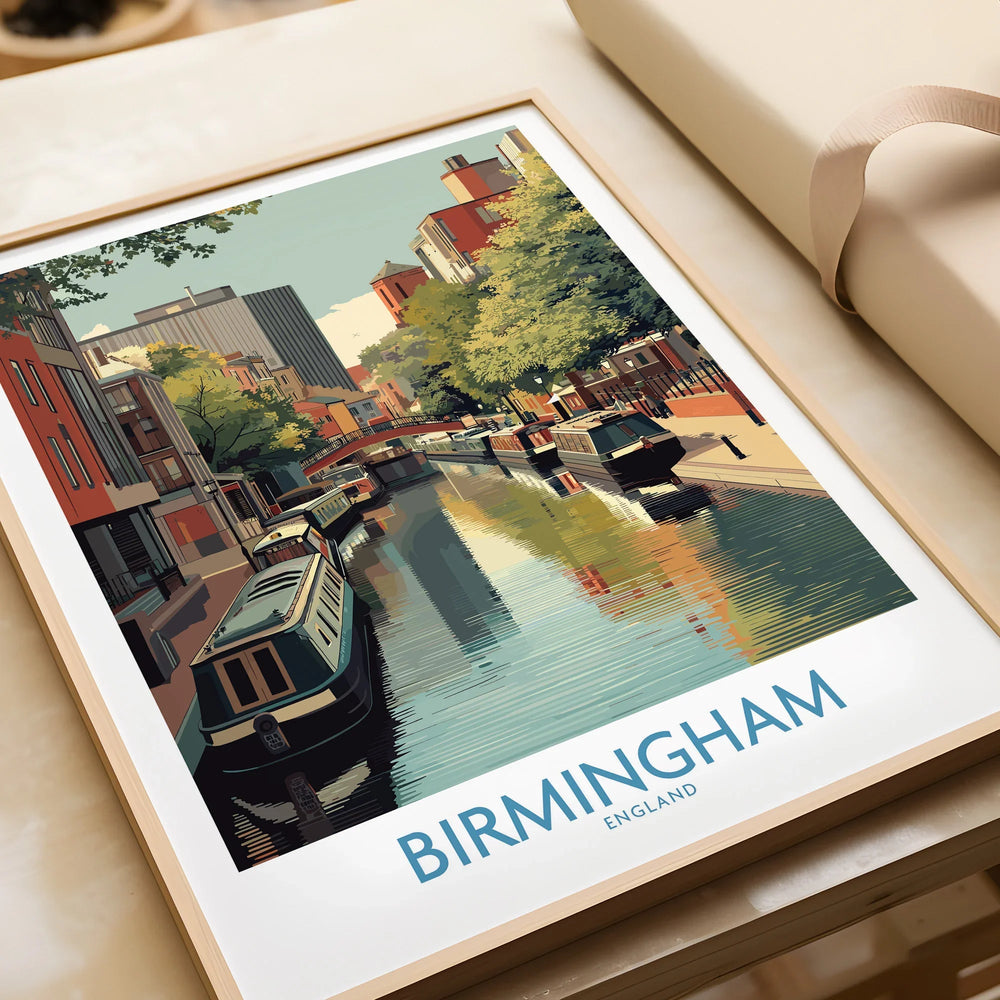 Framed Birmingham England canal skyline art print, unwrapped for home decor.