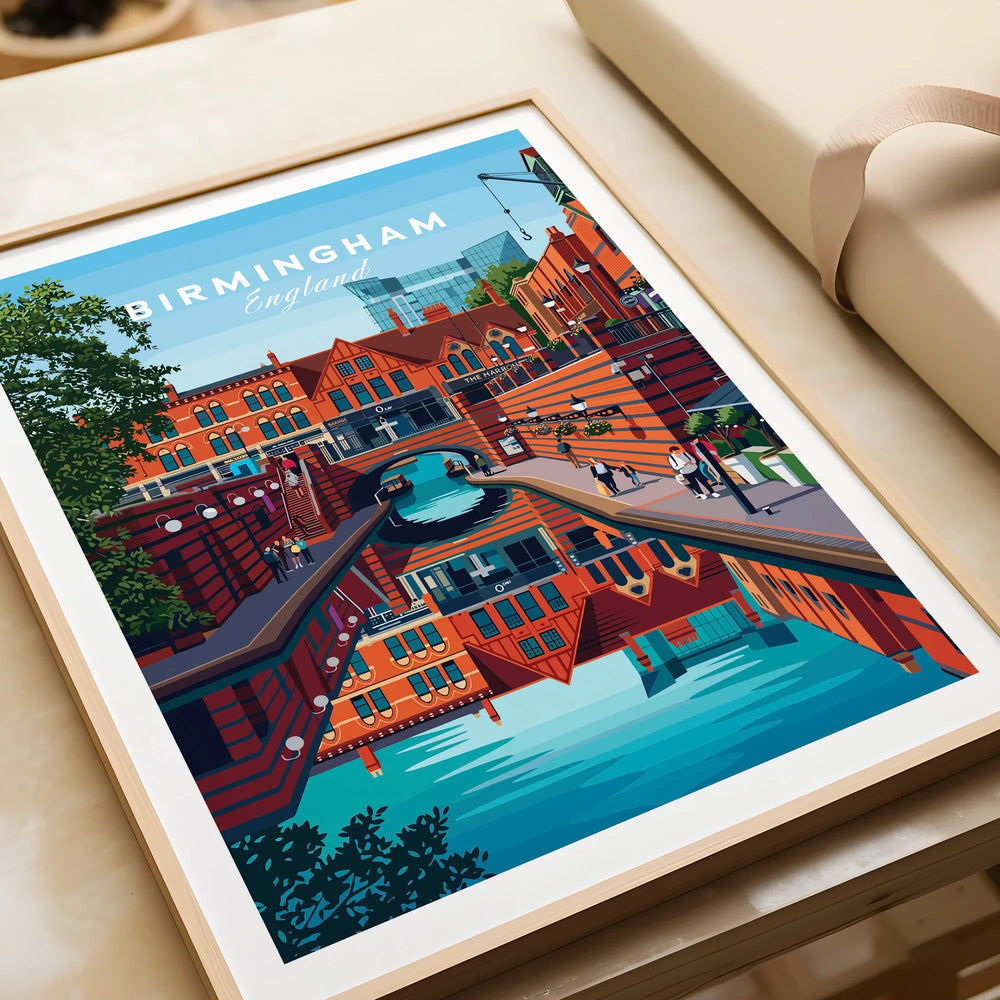 Framed Birmingham England travel art print featuring vibrant canal and red brick buildings