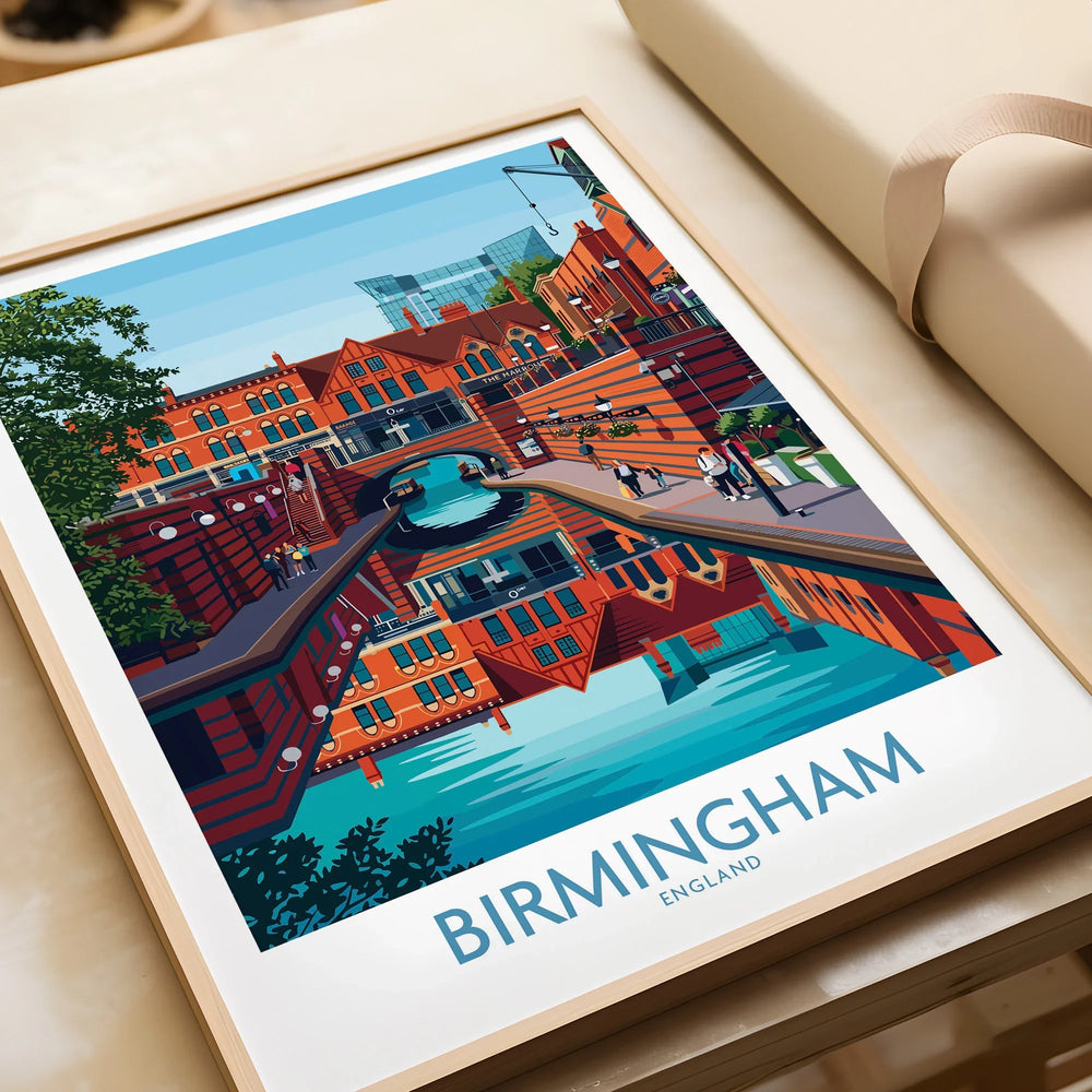 Framed Birmingham England travel poster art print with canal and city skyline, unwrapped gift