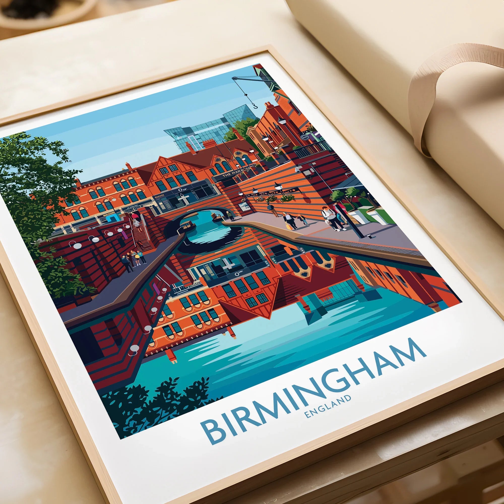 Framed Birmingham England travel poster art print with canal and city skyline, unwrapped gift