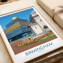 Framed Birmingham travel art print with city architecture and colorful flowers, unwrapped gift