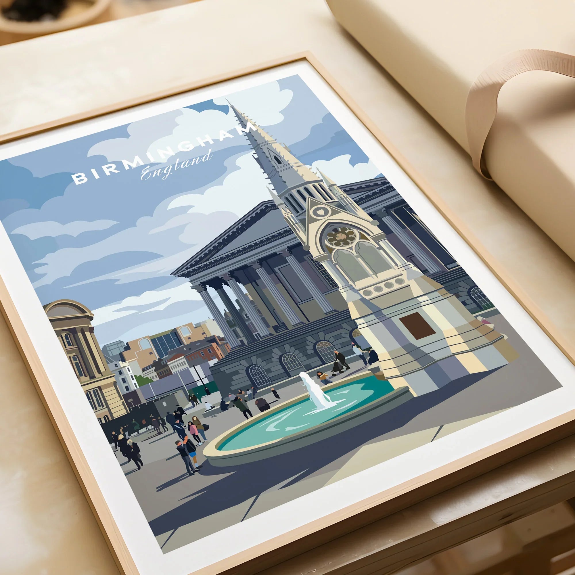 Framed Birmingham England travel poster print with city skyline, fountain, and historic buildings