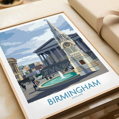 Birmingham England cityscape framed art print featuring skyline and historic landmark fountain