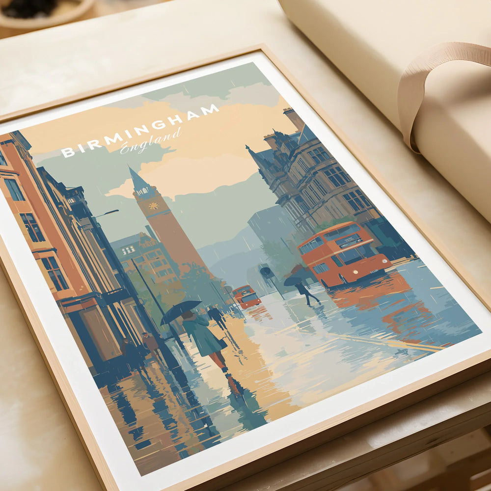 Framed Birmingham England art print with city scene and red double-decker buses, unwrapped