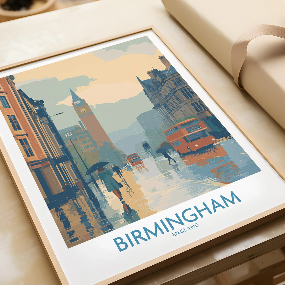 Framed Birmingham England cityscape art print with rainy street and vintage buses
