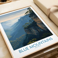 Framed Blue Mountains Australia art print with natural wood frame, unwrapped as a gift