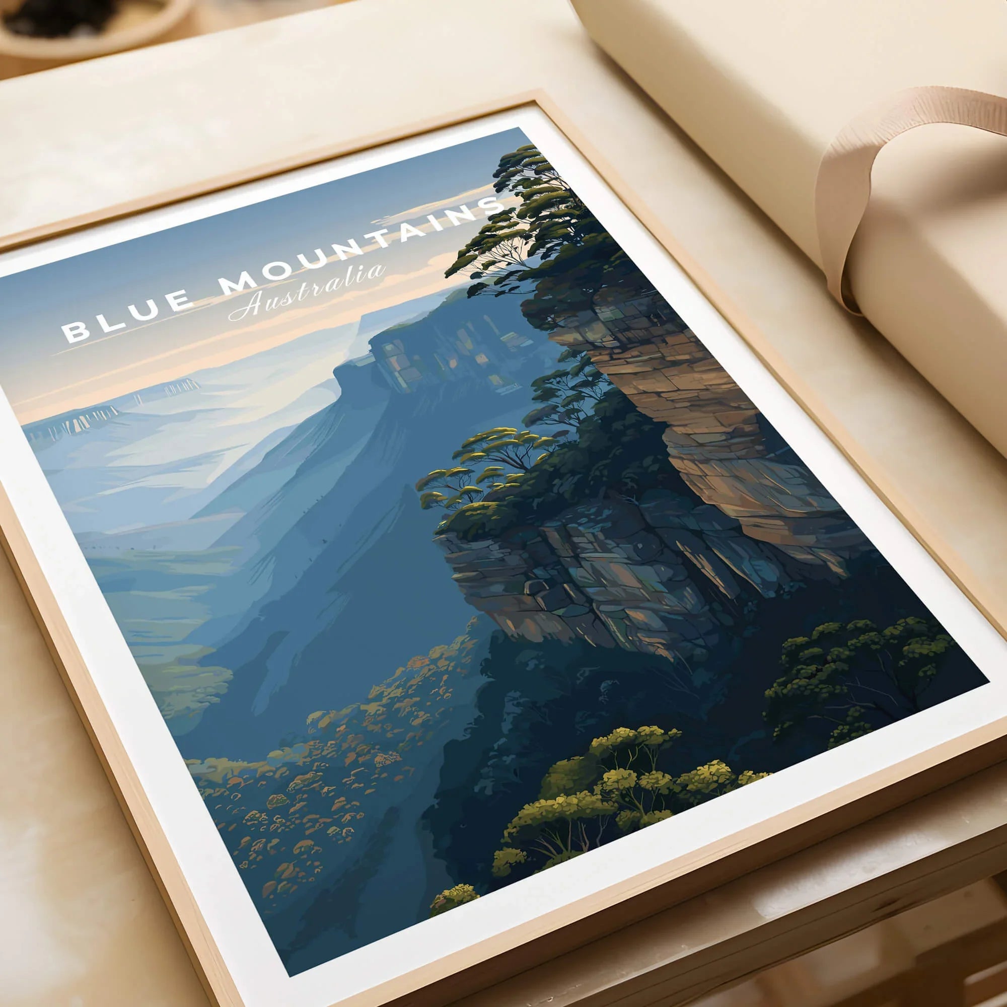 Framed Blue Mountains Australia art print, closeup view with natural wood frame