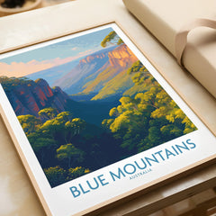 Framed Blue Mountains Australia art print featuring scenic landscape and colorful forest view