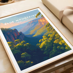 Framed Blue Mountains Australia art print with scenic landscape illustration, unwrapped
