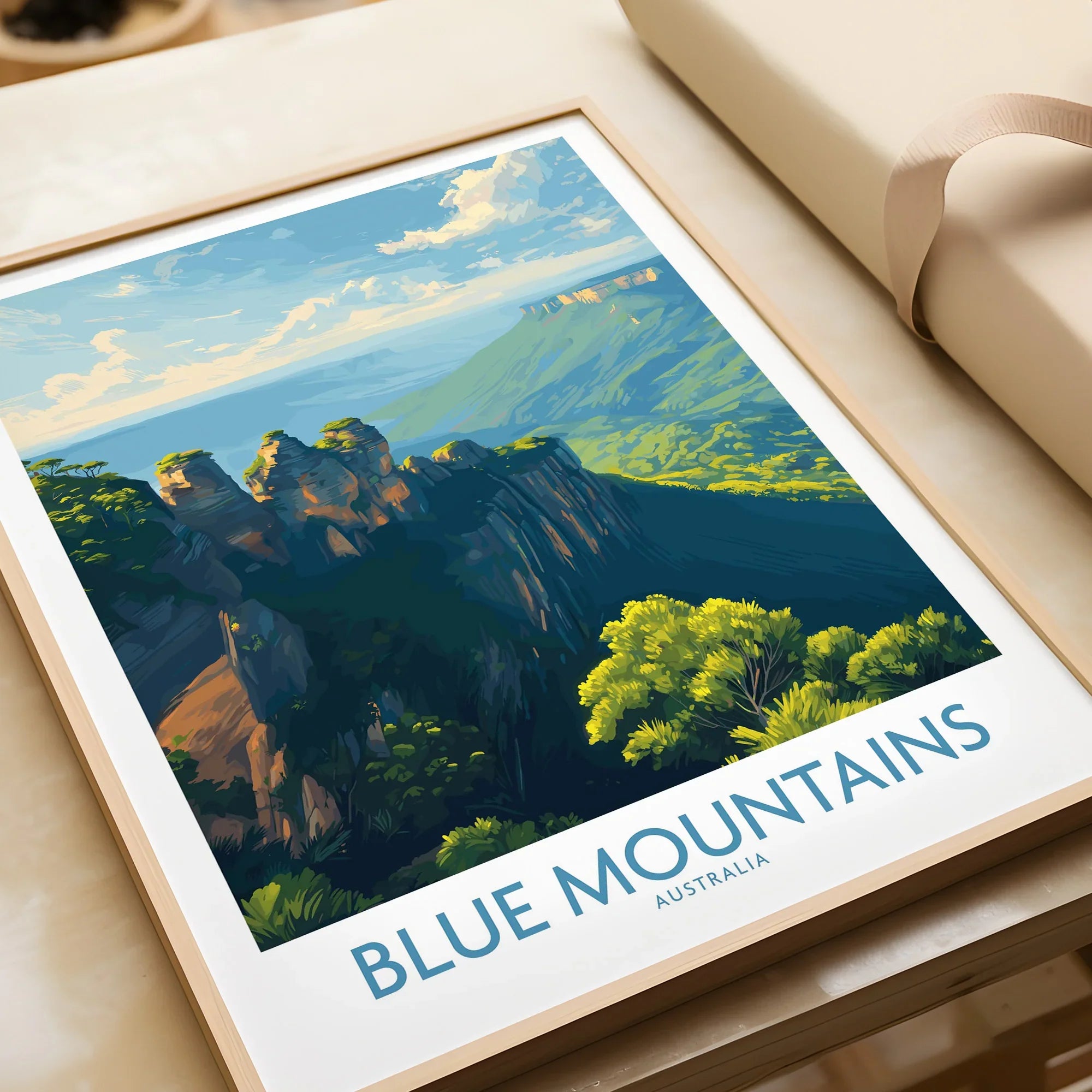 Framed Blue Mountains Australia art print, colorful landscape, unwrapped as a gift