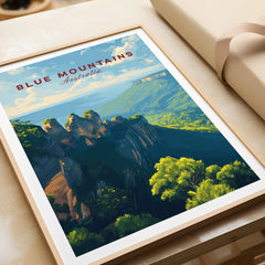 Framed Blue Mountains Australia art print with vibrant landscape, partially unwrapped