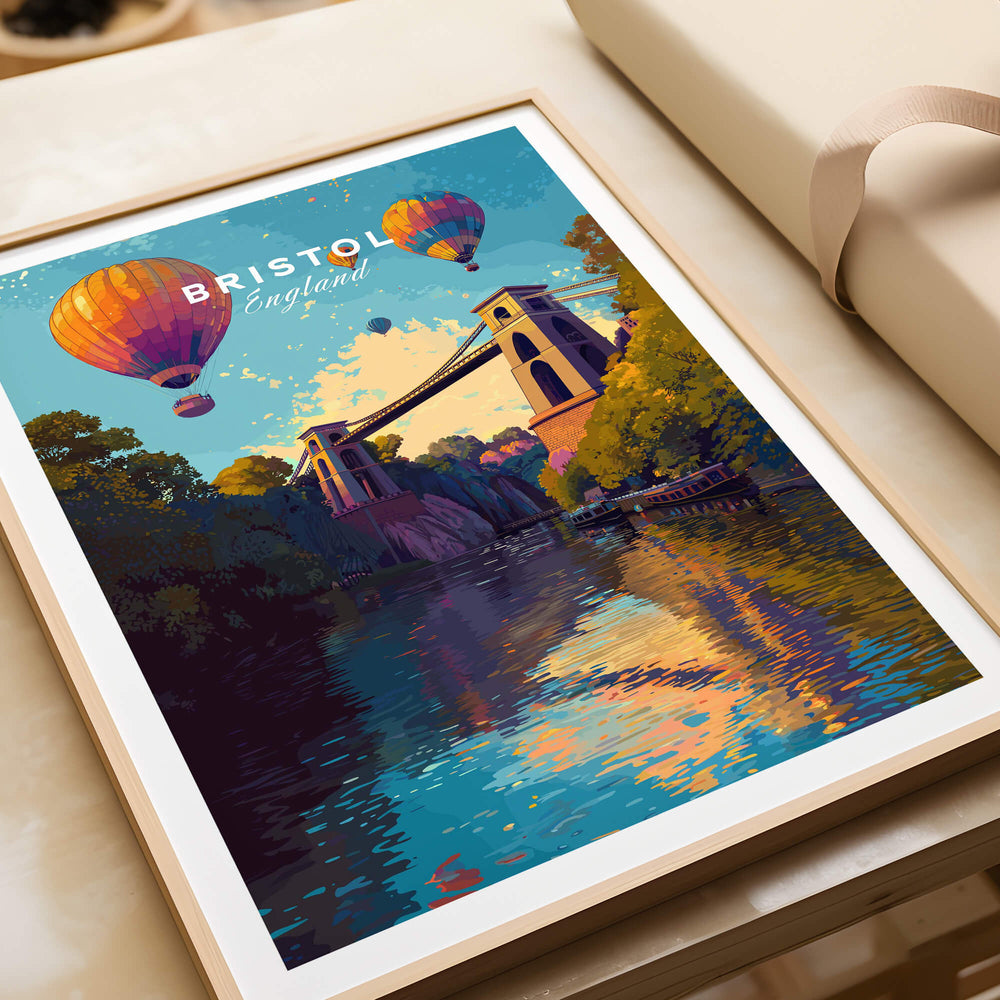 Bristol Travel Poster – Clifton Suspension Bridge and Hot Air Balloons Art featuring colorful balloons over water.