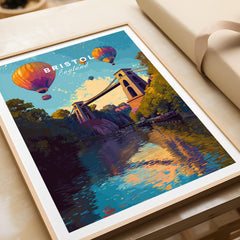Bristol Travel Poster – Clifton Suspension Bridge and Hot Air Balloons Art featuring colorful balloons over water.