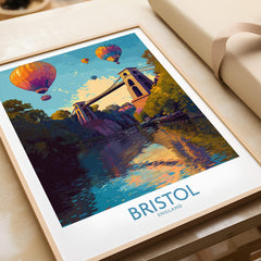 Bristol England Wall Art – River Avon Sunset and Balloon Festival Print featuring colorful hot air balloons over a scenic bridge.
