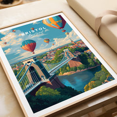 Bristol Travel Poster – Cityscape and Clifton Suspension Bridge Print showcasing hot air balloons over the city.