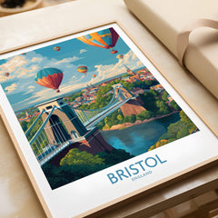 Bristol England Print – Hot Air Balloons Over Historic City Wall Art featuring a beautiful view of the city and Clifton Suspension Bridge.