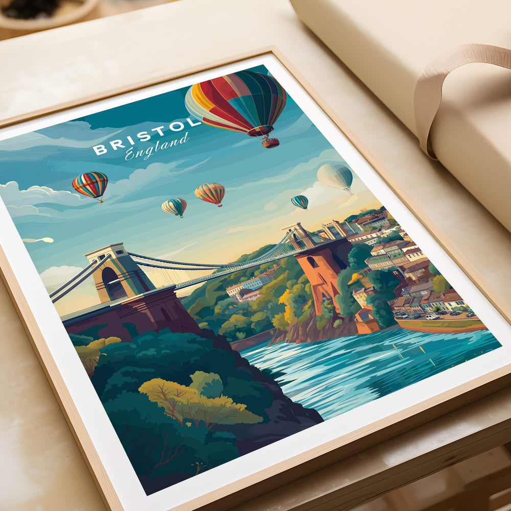 Bristol Art Print - Clifton Bridge Poster featuring hot air balloons and scenic views of Bristol.