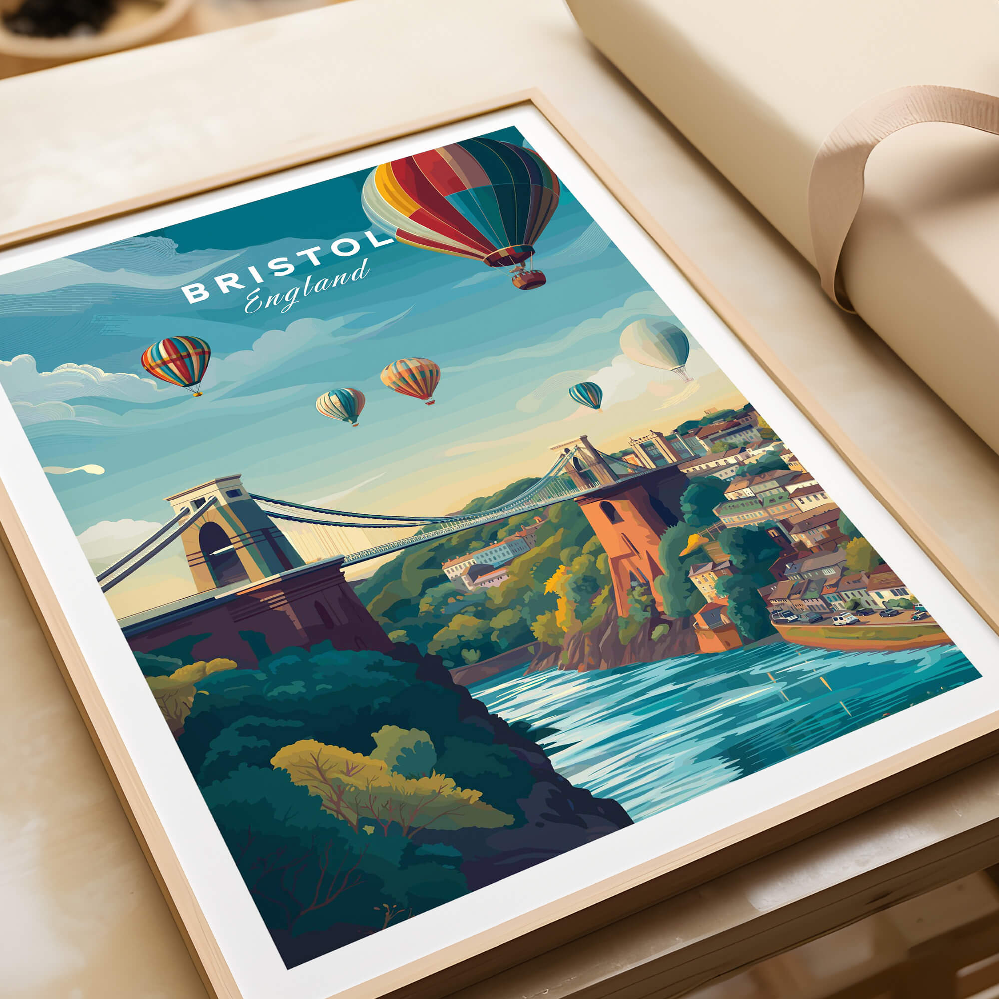Bristol Art Print - Clifton Bridge Poster featuring hot air balloons and scenic views of Bristol.