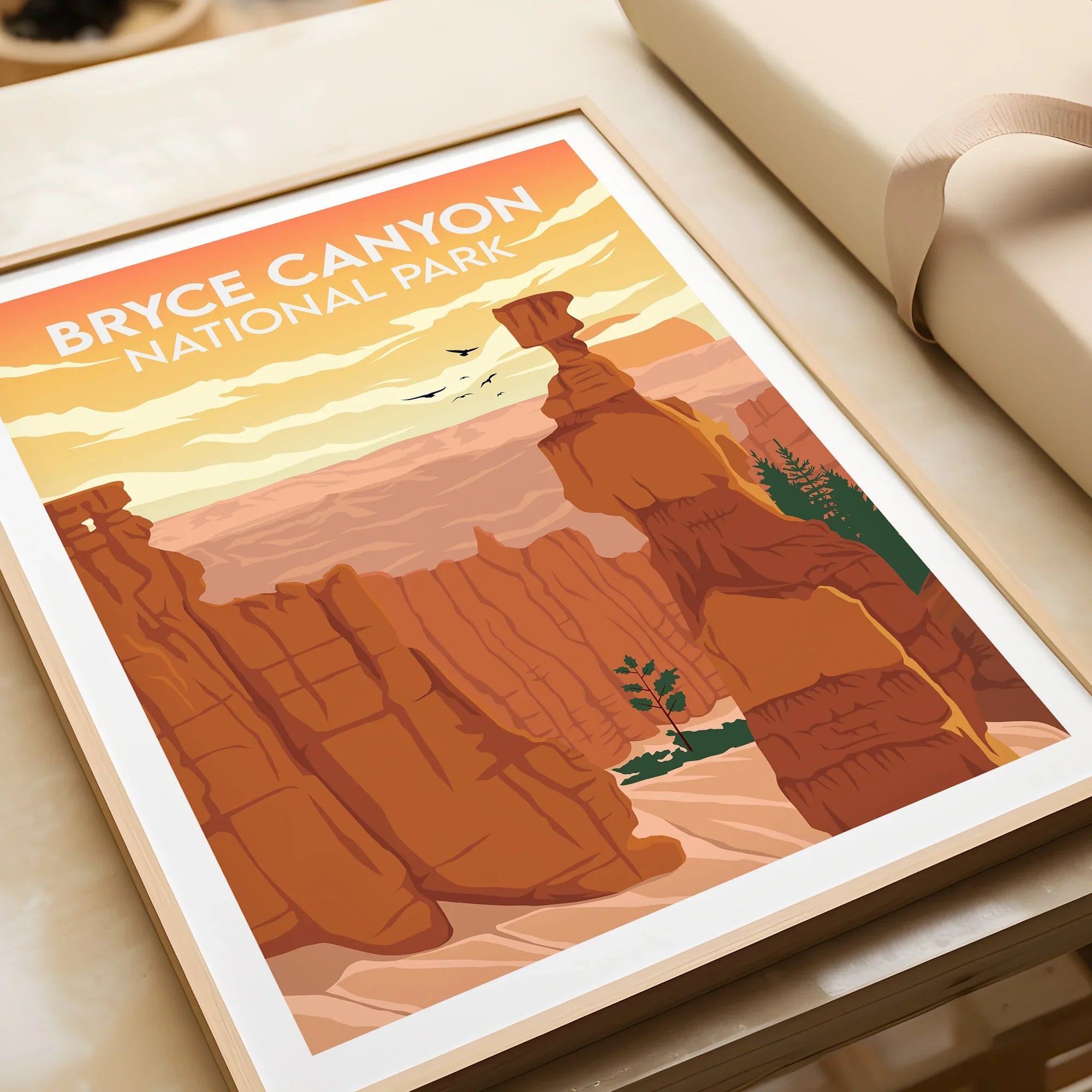 Framed Bryce Canyon National Park art print with orange rock formations and sunset sky