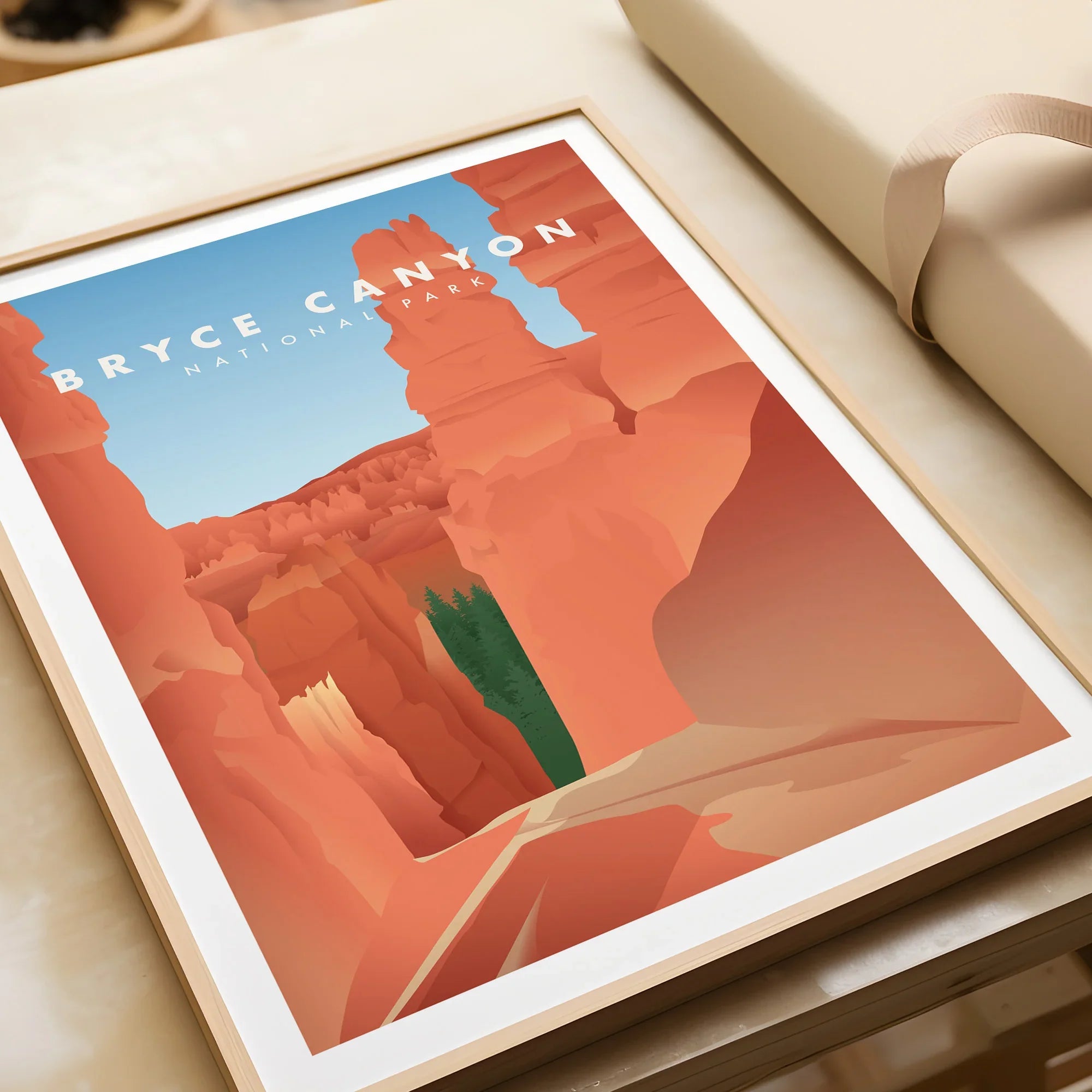 Framed Bryce Canyon National Park art print with red rock formations and blue sky