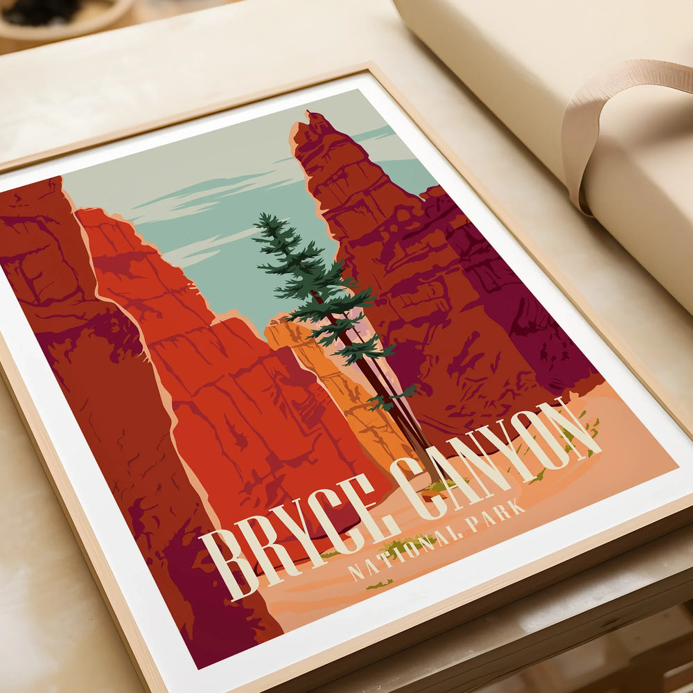 Framed Bryce Canyon National Park art print featuring red rock formations and pine trees