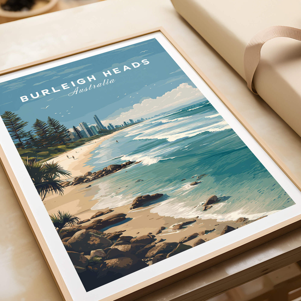Burleigh Heads Australia Poster – Gold Coast Skyline & Iconic Surf Beach Wall Art featuring scenic beach view