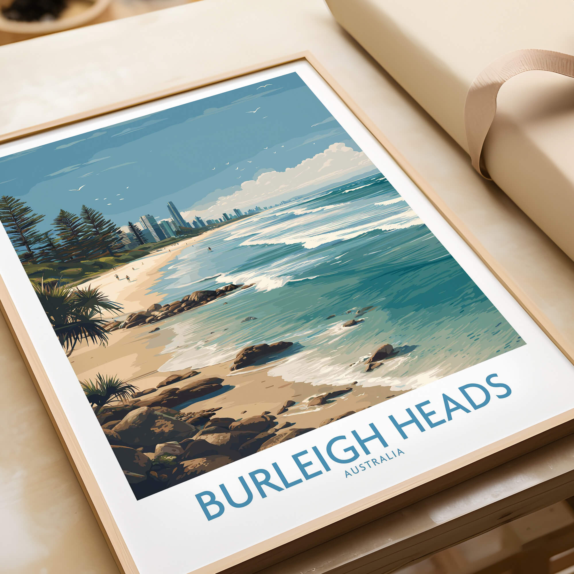 Burleigh Heads Travel Poster - Canvas Print showcasing the stunning beach and coastline of Burleigh Heads, Australia.