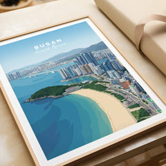 Busan South Korea framed art print, city skyline and beach illustration, close-up view