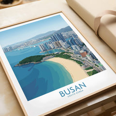 Framed Busan South Korea skyline and beach art print close-up, unwrapped and ready for gifting.