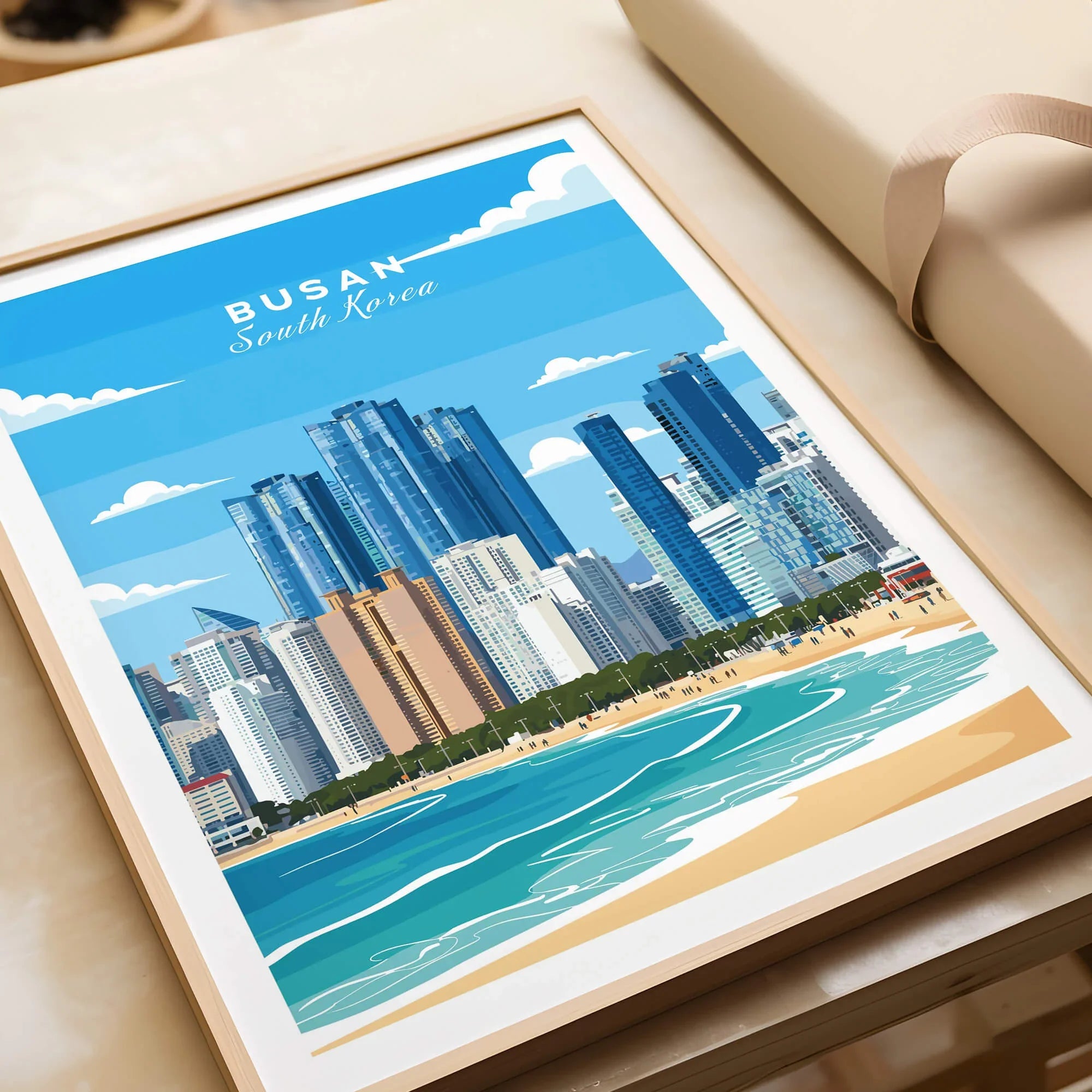 Framed Busan South Korea skyline art print with beach, unwrapped as a gift