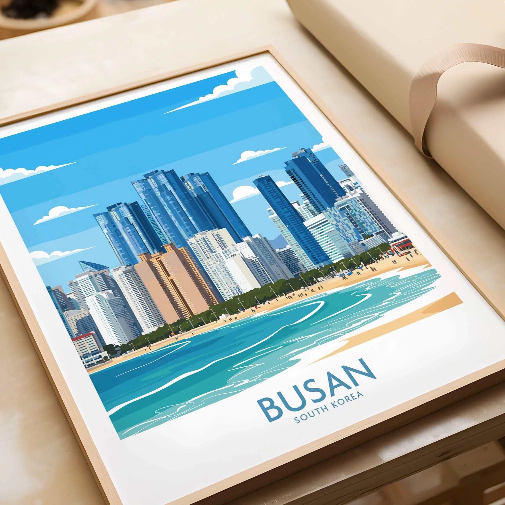 Busan South Korea skyline art print with natural frame, modern coastal wall decor