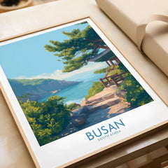 Framed Busan South Korea travel art print with coastal landscape, unwrapped as gift