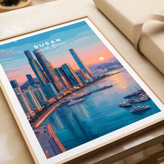 Framed Busan South Korea city skyline art print with marina at sunset, unwrapped as a gift