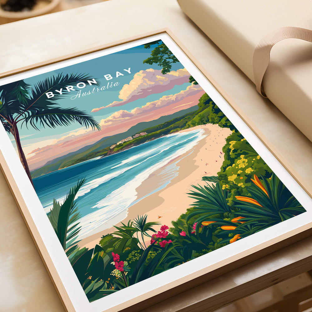Byron Bay Australia Travel Poster showcasing stunning coastal views and vibrant nature in a framed design.