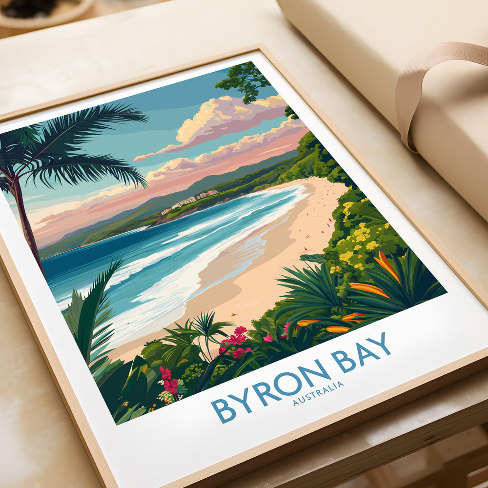 Byron Bay Poster - Australia Wall Art featuring vibrant coastal scenery and lush vegetation.