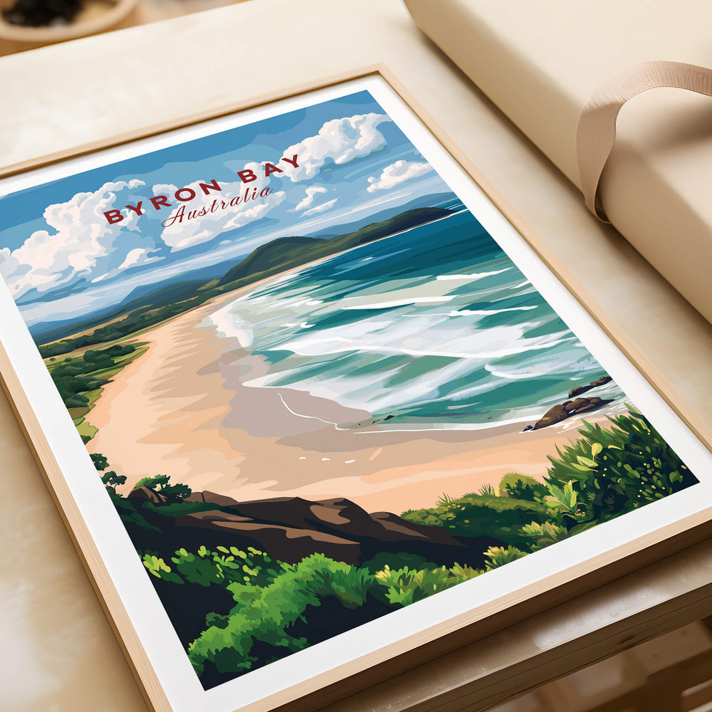 Byron Bay Beach Print - Australia Wall Art showcasing stunning coastal scenery with crystal clear waters and golden sands.