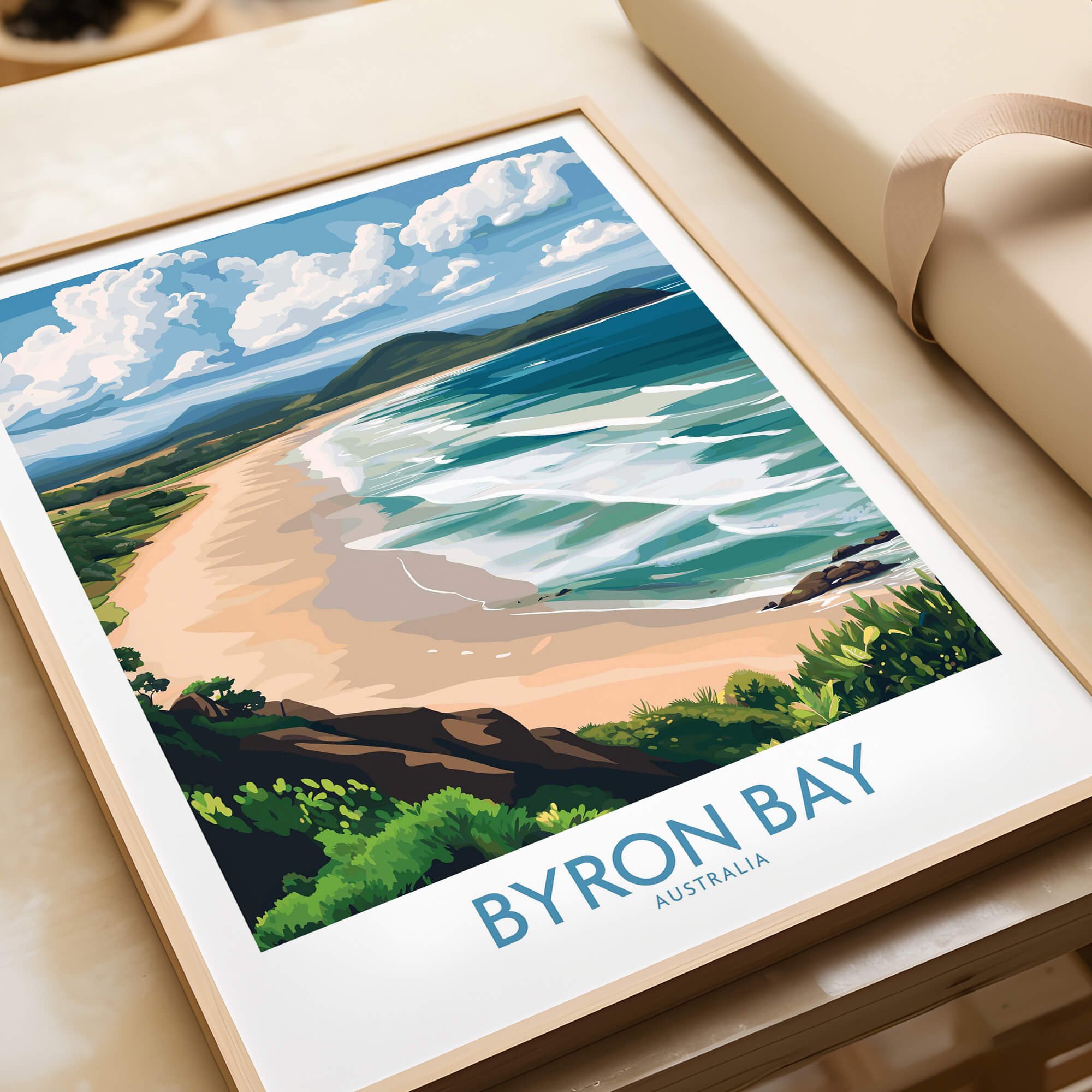 Byron Bay Wall Art Print Australia featuring a vibrant coastal landscape and iconic lighthouse.