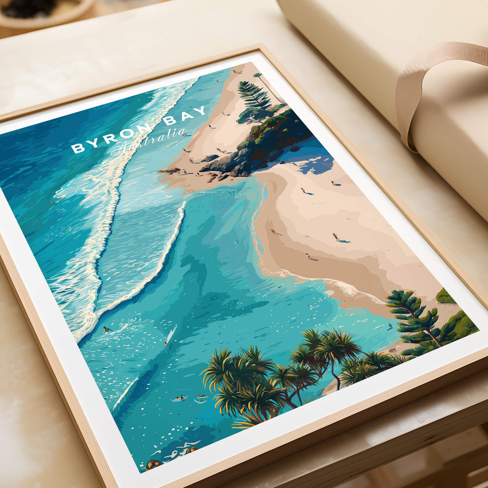 Byron Bay Art Print showcasing aerial view of sandy shores and turquoise waters of Byron Bay, Australia.