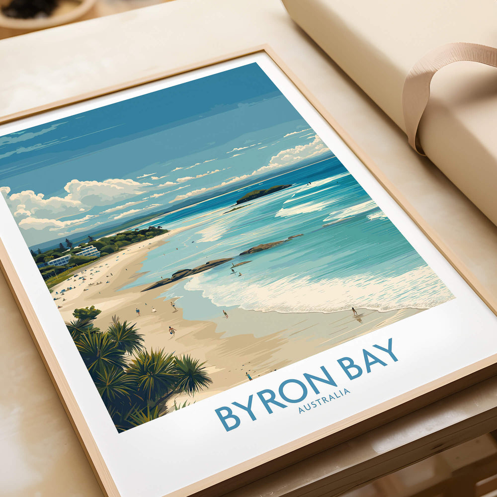 Byron Bay Wall Art Australia Travel Print featuring a vibrant coastal scene with beach and blue skies.