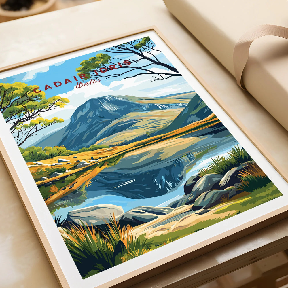 Framed art print of Cadair Idris mountain landscape in Wales, unwrapped and ready for gift.