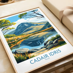 Framed art print of Cadair Idris mountain landscape, unwrapped, with natural frame
