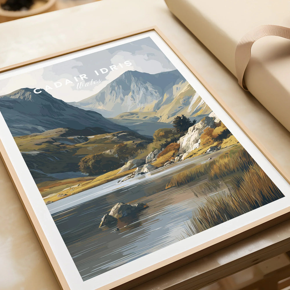Framed art print of Cadair Idris Wales landscape, featuring mountains and lake, unwrapped as a gift