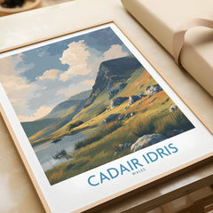 Framed art print of Cadair Idris mountain in Wales, unwrapped, natural wood frame