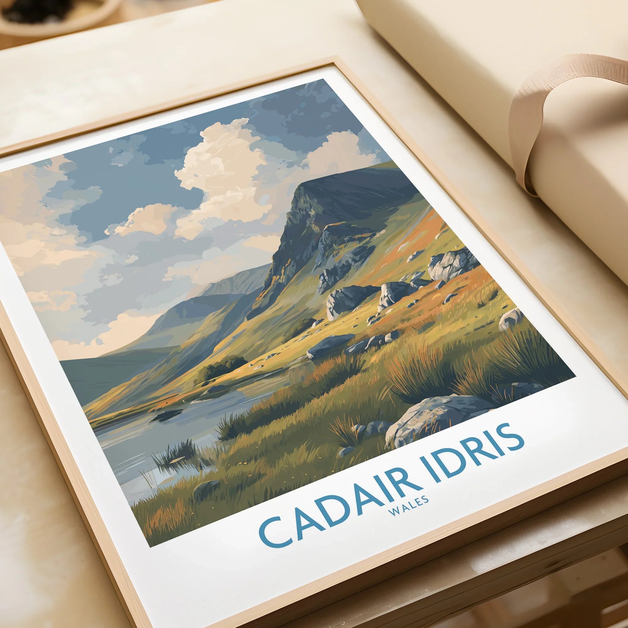 Framed art print of Cadair Idris mountain in Wales, unwrapped, natural wood frame