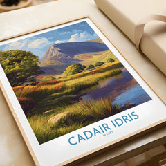 Framed travel poster of Cadair Idris Wales with colorful mountain landscape art print