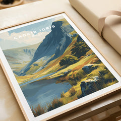 Framed art print of Cadair Idris mountain landscape in Wales, unwrapped on table
