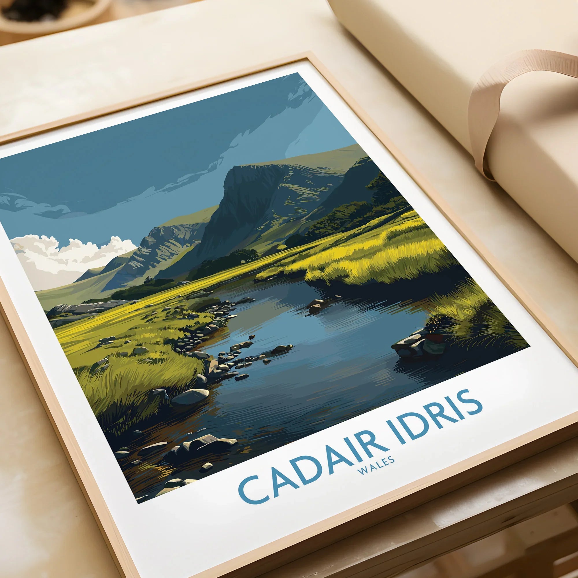 Framed art print of Cadair Idris Wales mountain landscape with river and grassy meadows