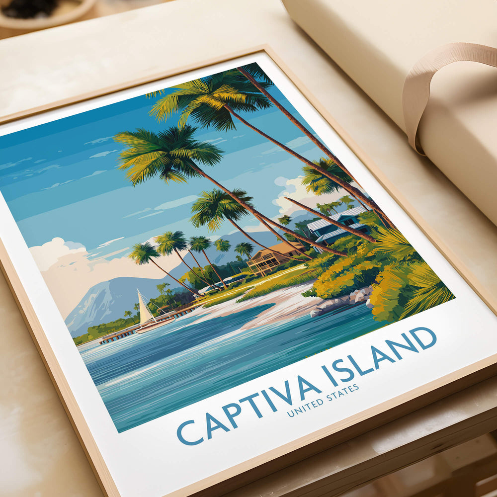 Captiva Island Florida Wall Art – Tropical Coastline and Sailboat Decor featuring palm trees and a beautiful coastline.