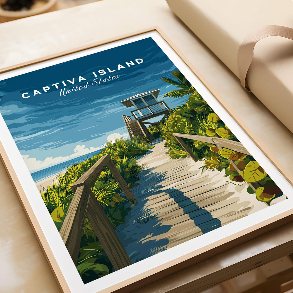 Captiva Island Poster – Florida Beach Print featuring a pathway to the beach with lush greenery and a coastal house.