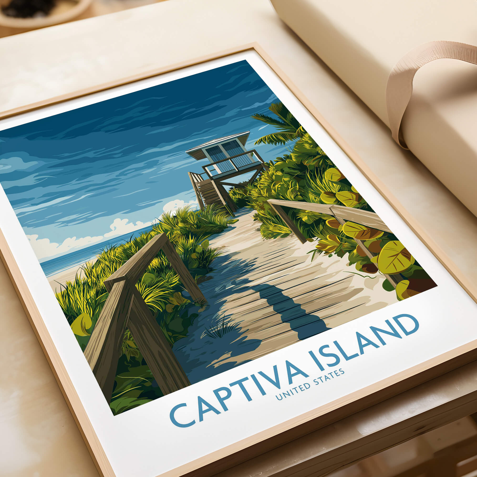 Captiva Island Florida Wall Art – Tropical Art depicting a serene boardwalk leading to the beach with lush greenery.